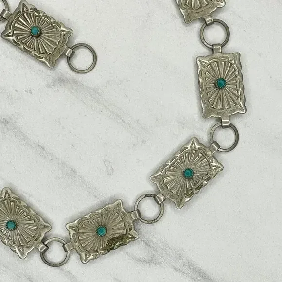 Vintage Faux Turquoise Stamped Concho Chain Belt Silver Tone XS/Small (XS/S) ✨ - Picture 12 of 14